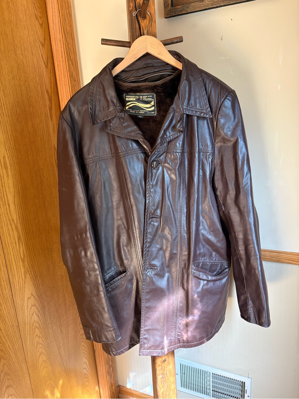 Vintage 70s Montgomery Ward Leather Coat Mens 48T Brown Cowhide Car Coat